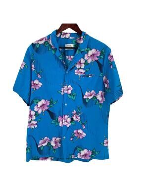 Vintage Hawaiian shirt blue mens short sleeve hibiscus flowers Made in Hawaii